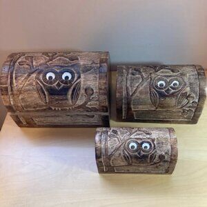 3 Vintage Owl Set Chest Trinket Keep Sake Boxes Wooden Carved Owls Hinged Lid